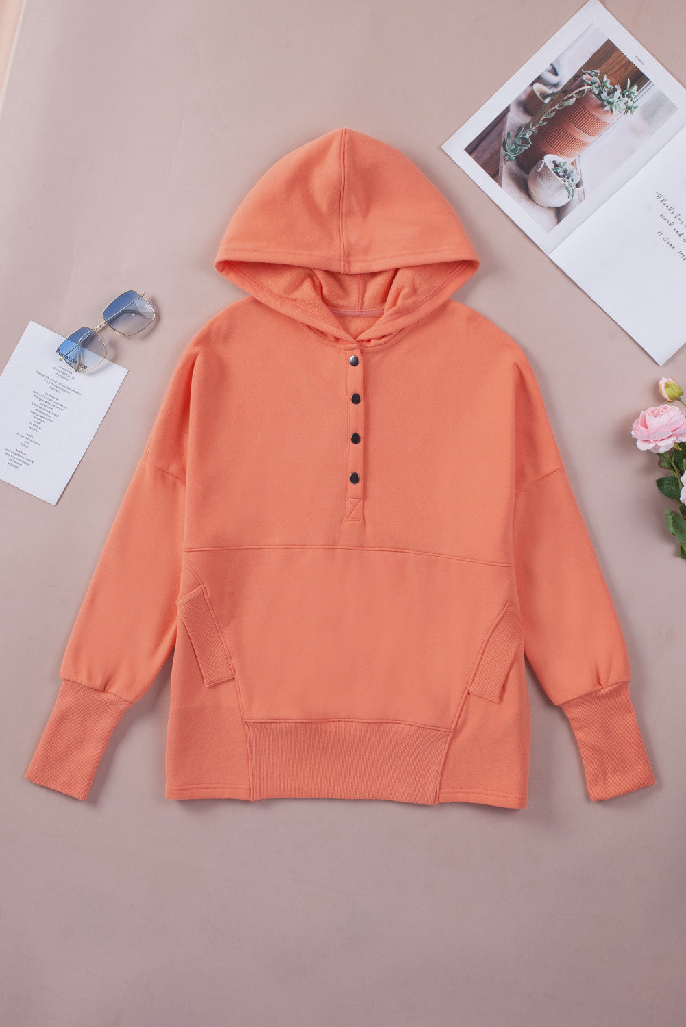 Orange Batwing Sleeve Pocketed Henley Hoodie