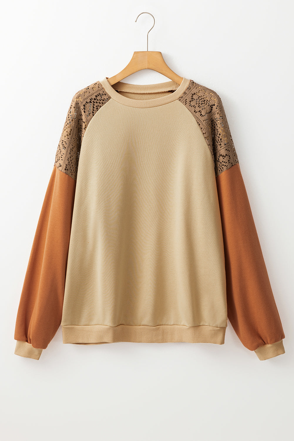 Khaki Lace Patchwork Colorblock Drop Shoulder Sweatshirt