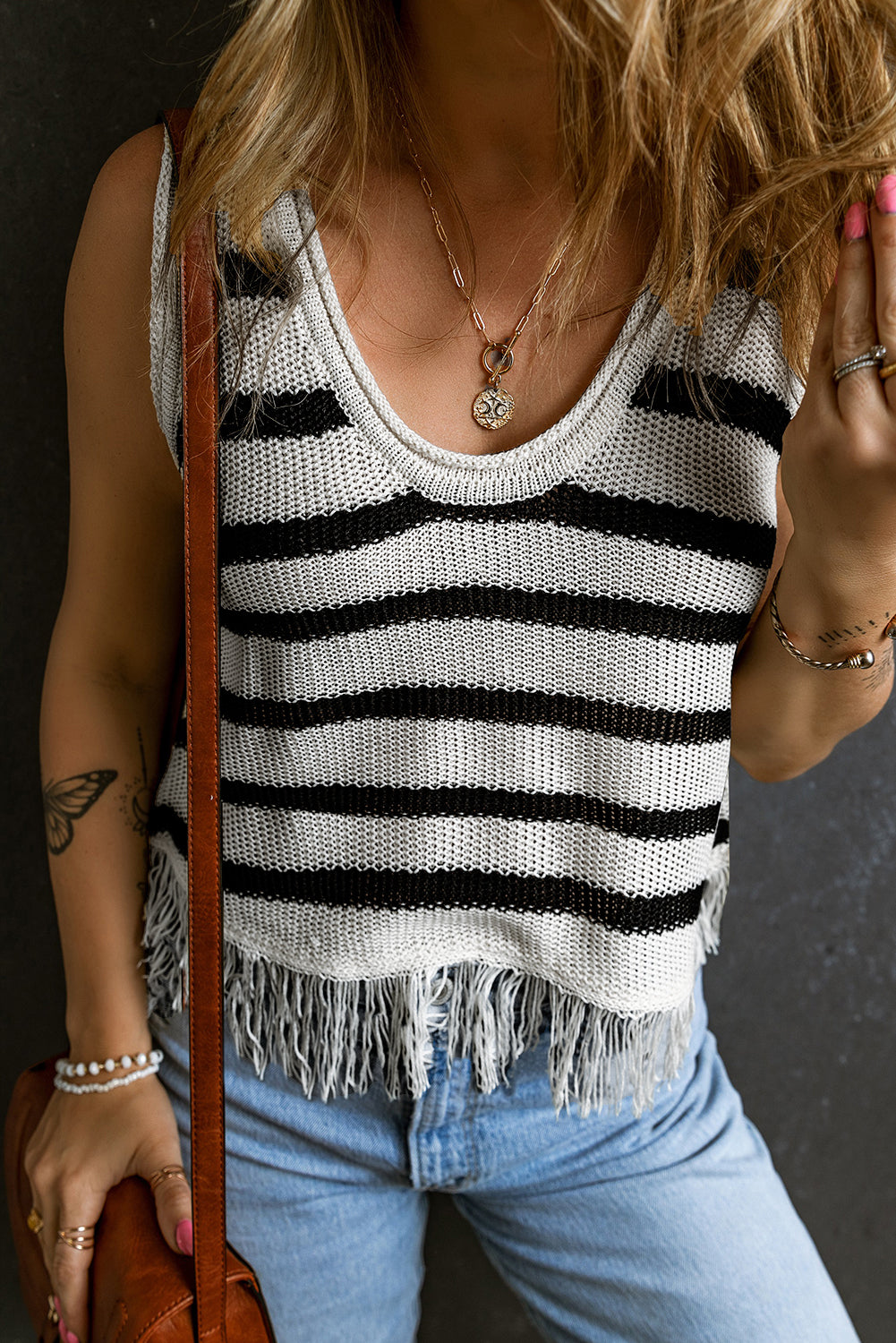 Beige Stripe Loose Knit Fringe Tank Top