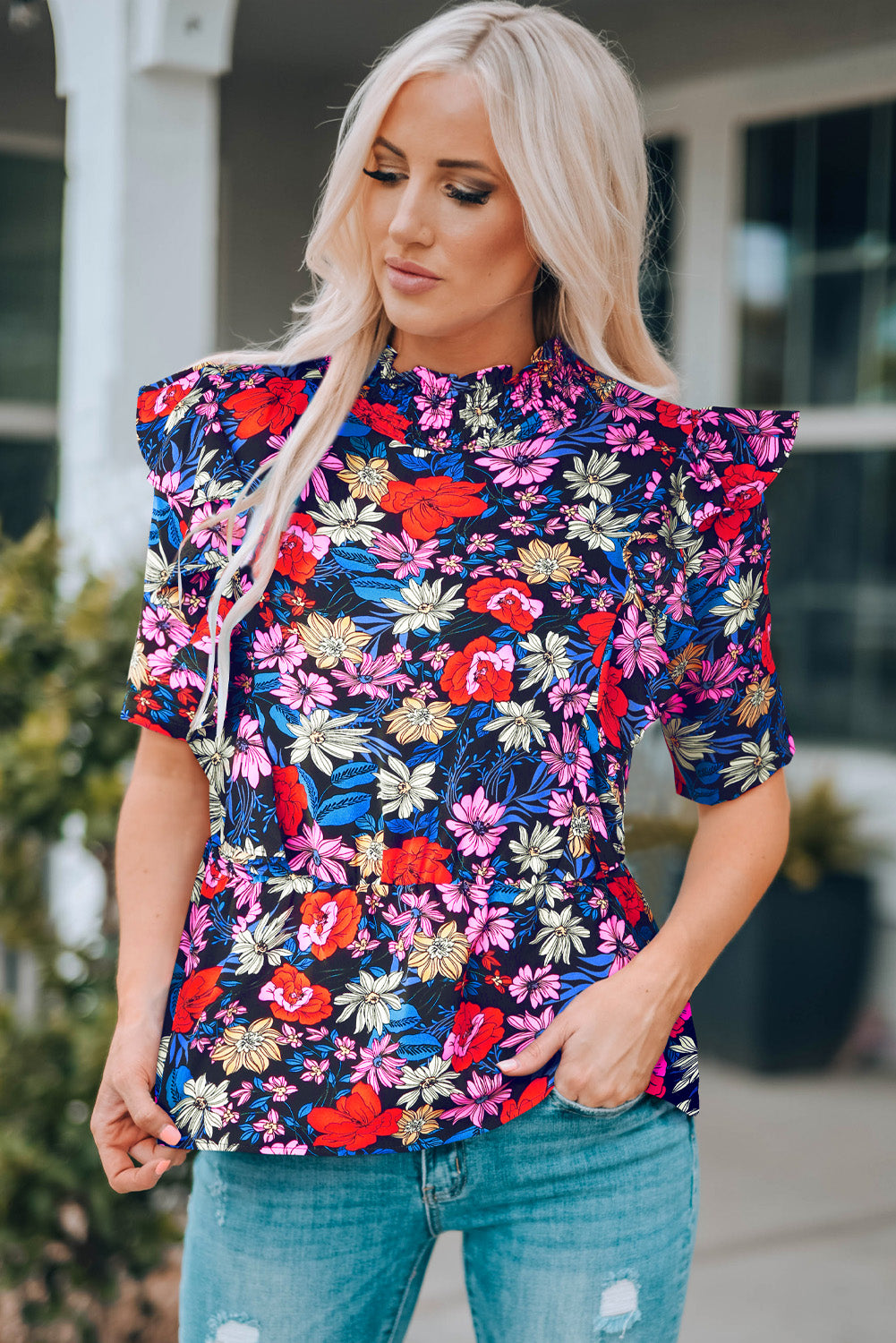 Blue Floral Print Ruffle Peplum Top