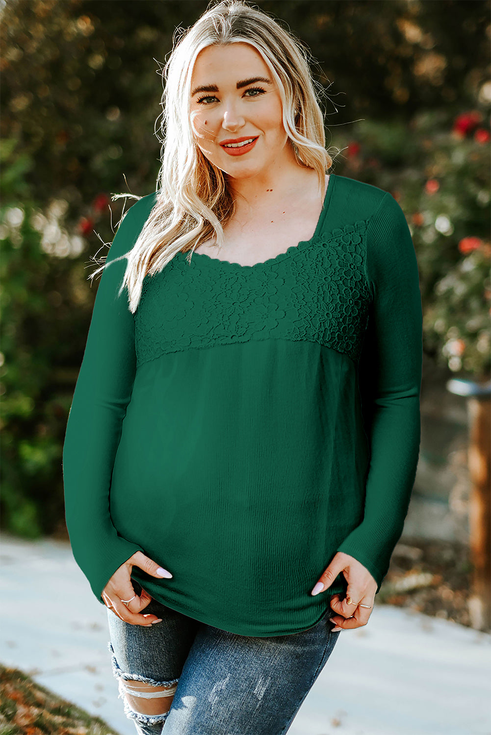 Green Lace Crochet V Neck Long Sleeve Top