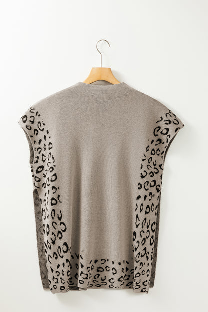 Smoke Gray Leopard Trim High Neck Short Sleeve Loose Sweater