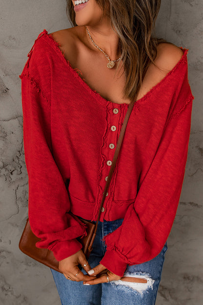 Button Front Frayed Trim Knit Top