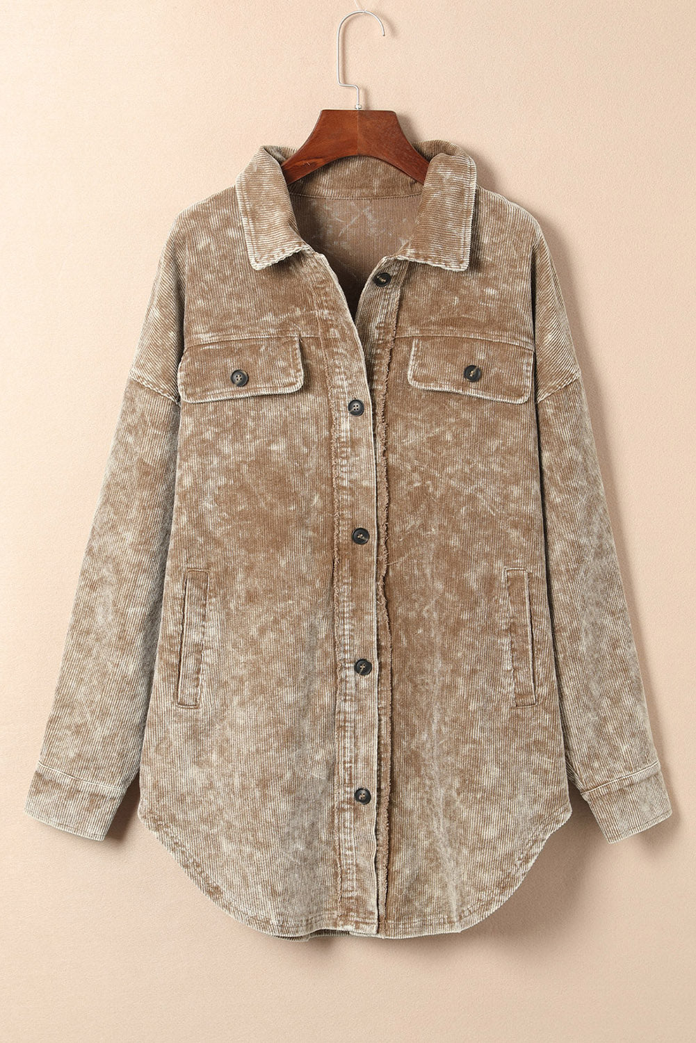 Khaki Vintage Distressed Mineral Wash Oversized Shacket