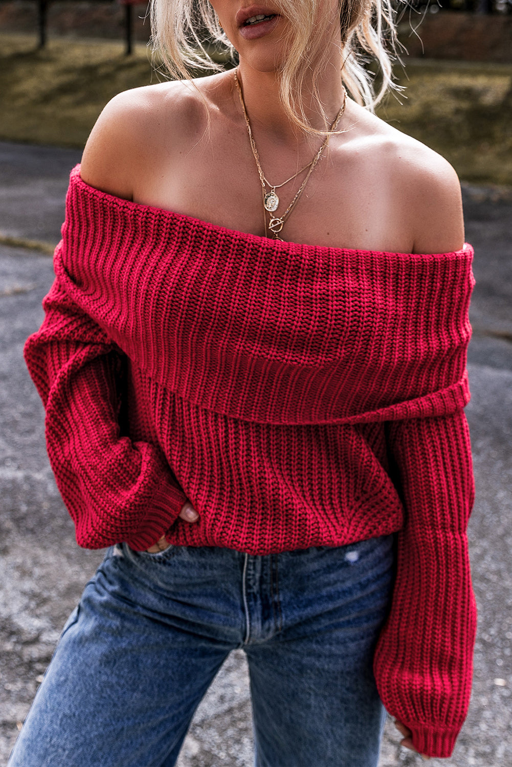 Racing Red Off-the-shoulder Knit Sweater