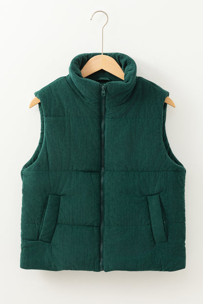 Jungle Green Corduroy Stand Neck Zipped Puffer Vest