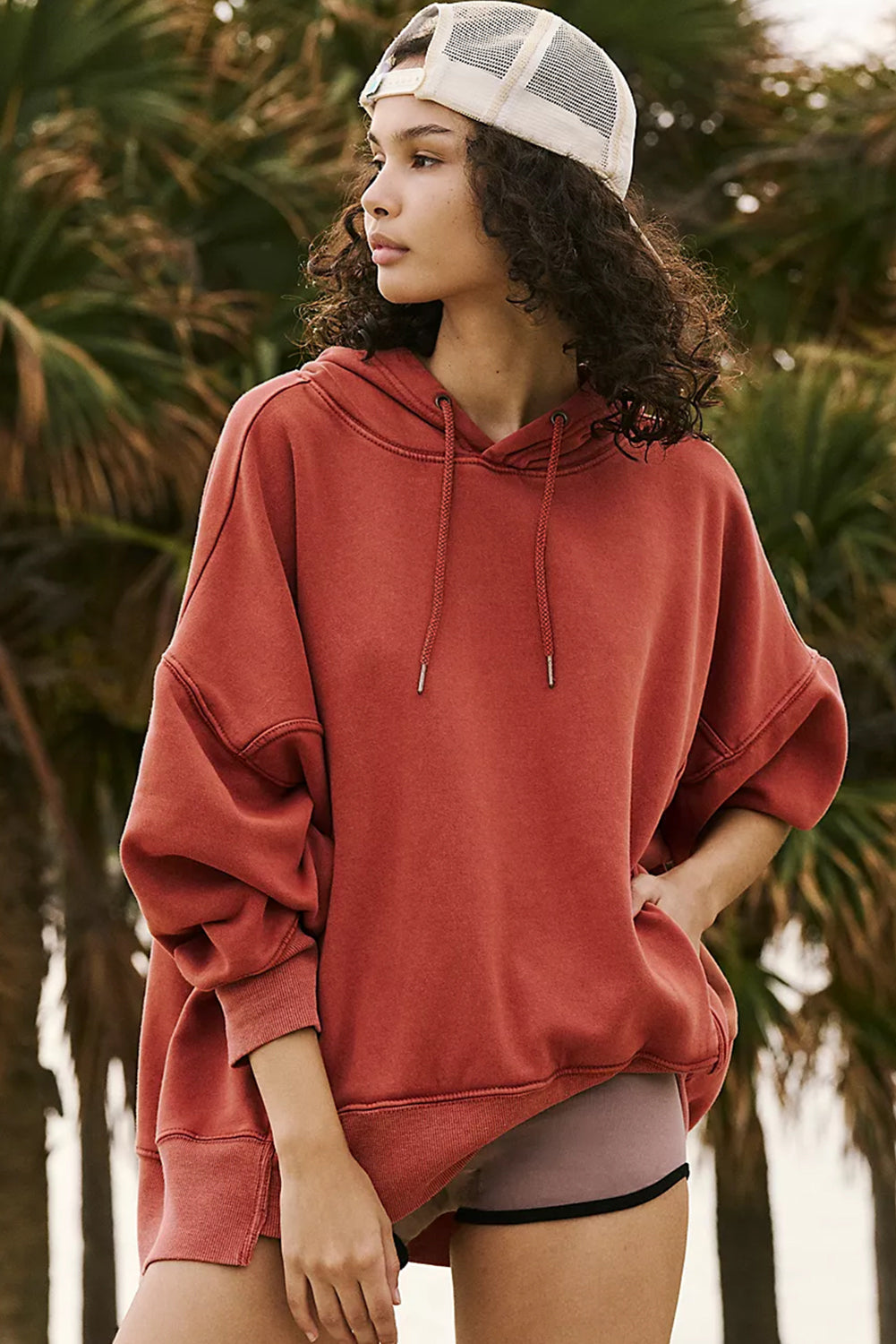 Red Clay Drop Shoulder Pocketed Baggy Drawstring Hoodie