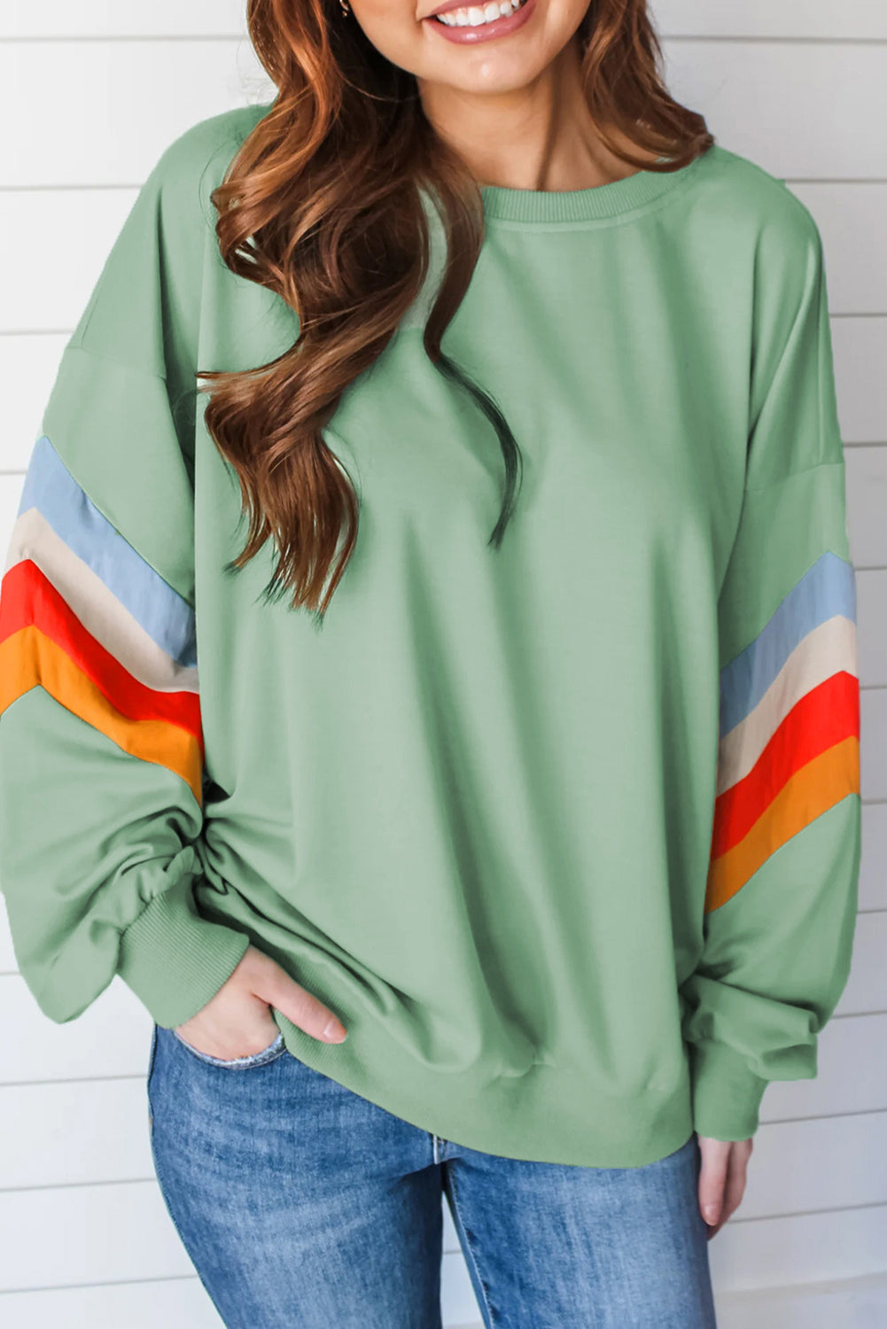 Moonlight Jade Rainbow Striped Sleeve Crew Neck Loose Sweatshirt