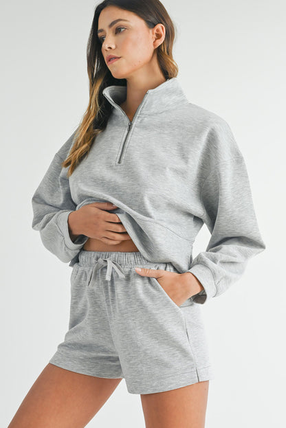 Light Grey Stand Neck Zipped Sweatshirt and Shorts Set