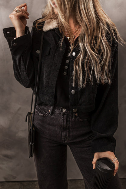 Black Fleece Lined Button-up Collared Corduroy Crop Jacket