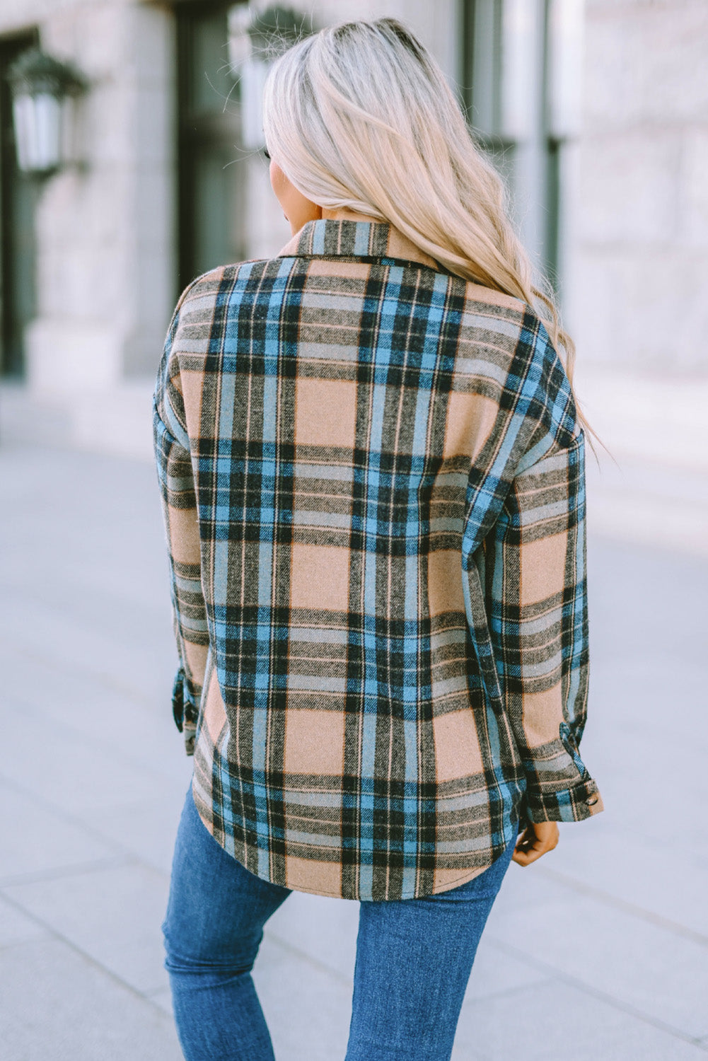 Brown Plaid Color Block Buttoned Shirt with Pockets