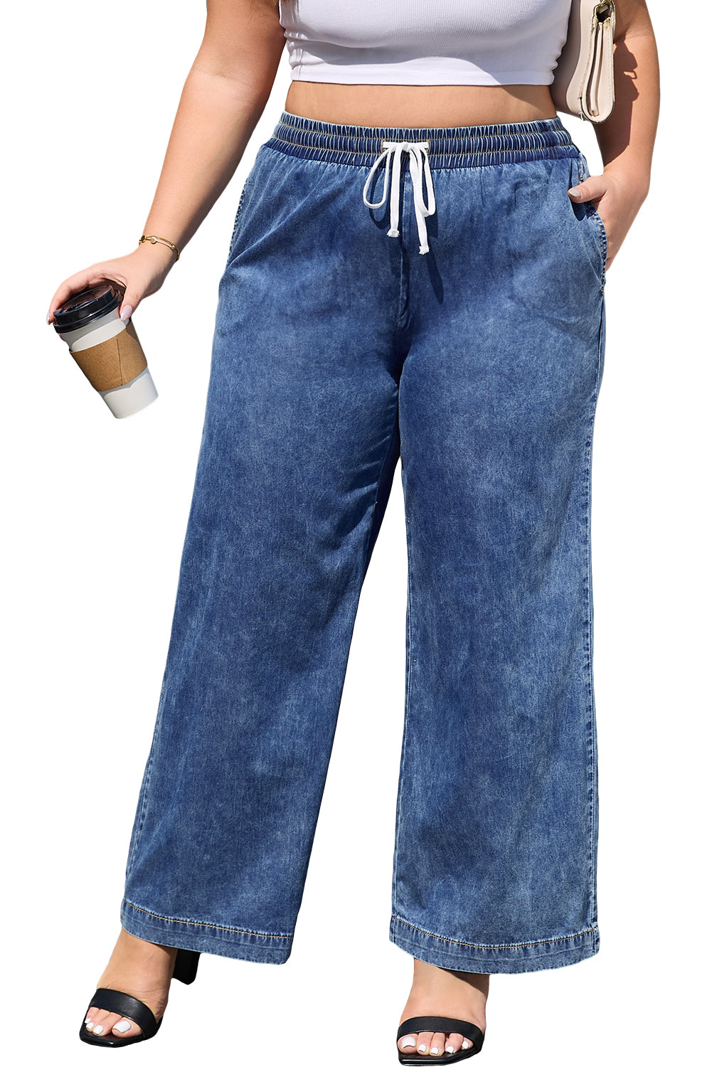 Dusk Blue Plus Size Drawstring High Waist Straight Leg Jeans