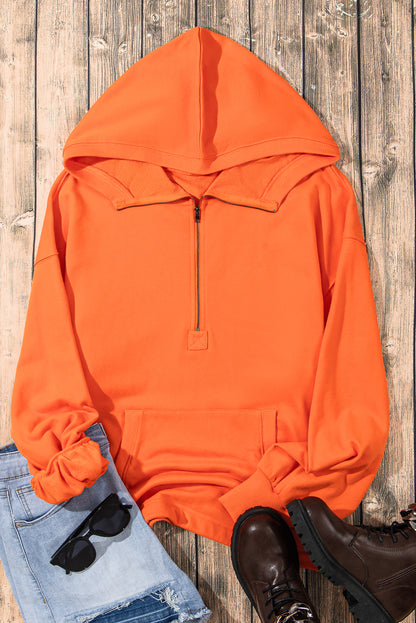 Orange Solid Kangaroo Pocket Half Zipper Oversized Hoodie