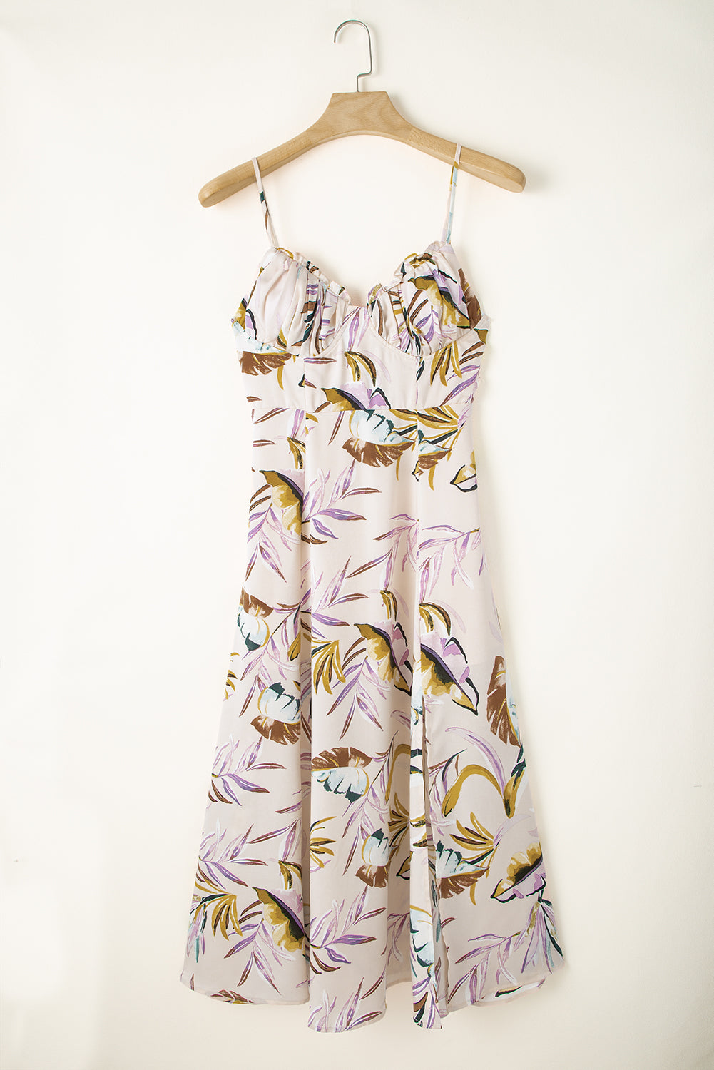 Apricot Tropical Print Spaghetti Straps Cupped Dress