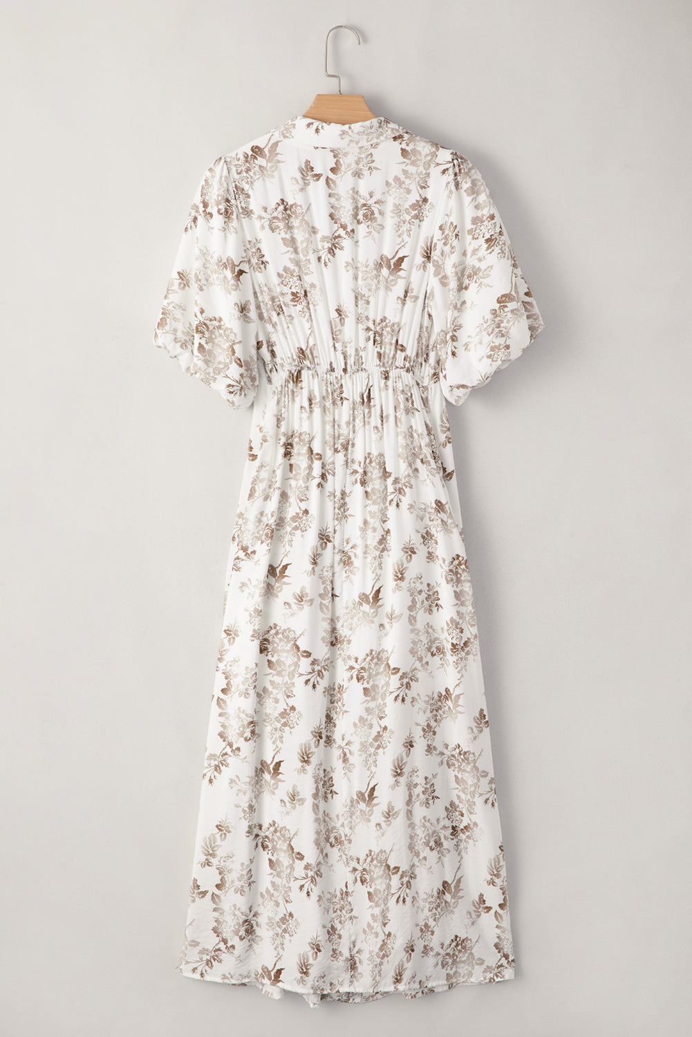 Khaki Floral Puff Sleeve V Neck Buttoned Front Maxi Dress