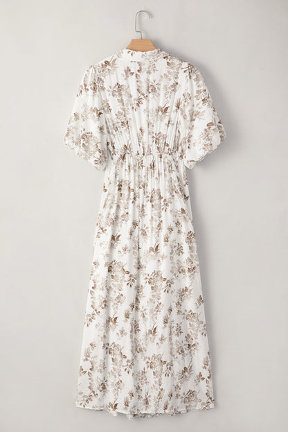 Khaki Floral Puff Sleeve V Neck Buttoned Front Maxi Dress