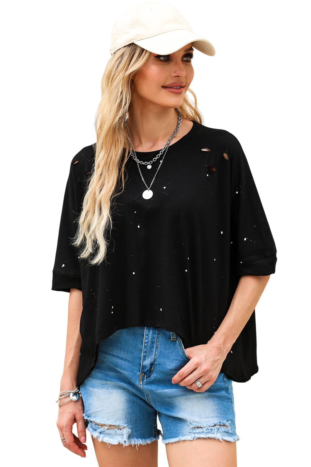 Black Distressed Bleached Asymmetric Hem Short Sleeve Top