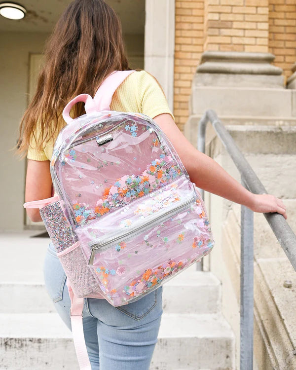 Pink Flower Glitter Confetti Backpack, Lunchbox & Pouch Matching Set