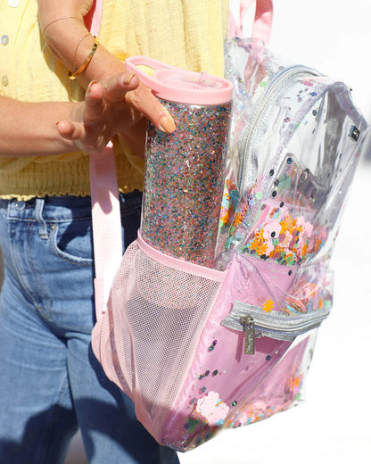 Pink Flower Glitter Confetti Backpack, Lunchbox & Pouch Matching Set