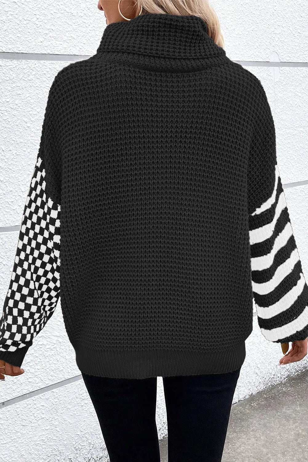 Checkered Striped Turtleneck Long Sleeve Sweater