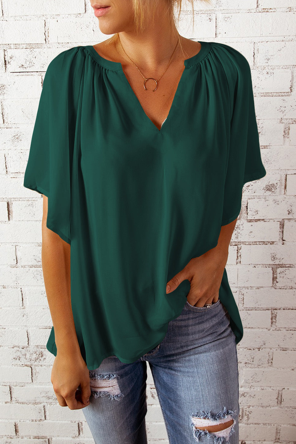 Green Split Neck Pleated Loose Top