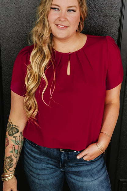 Red Dahlia Keyhole Pleated Crew Neck Plus Size T Shirt