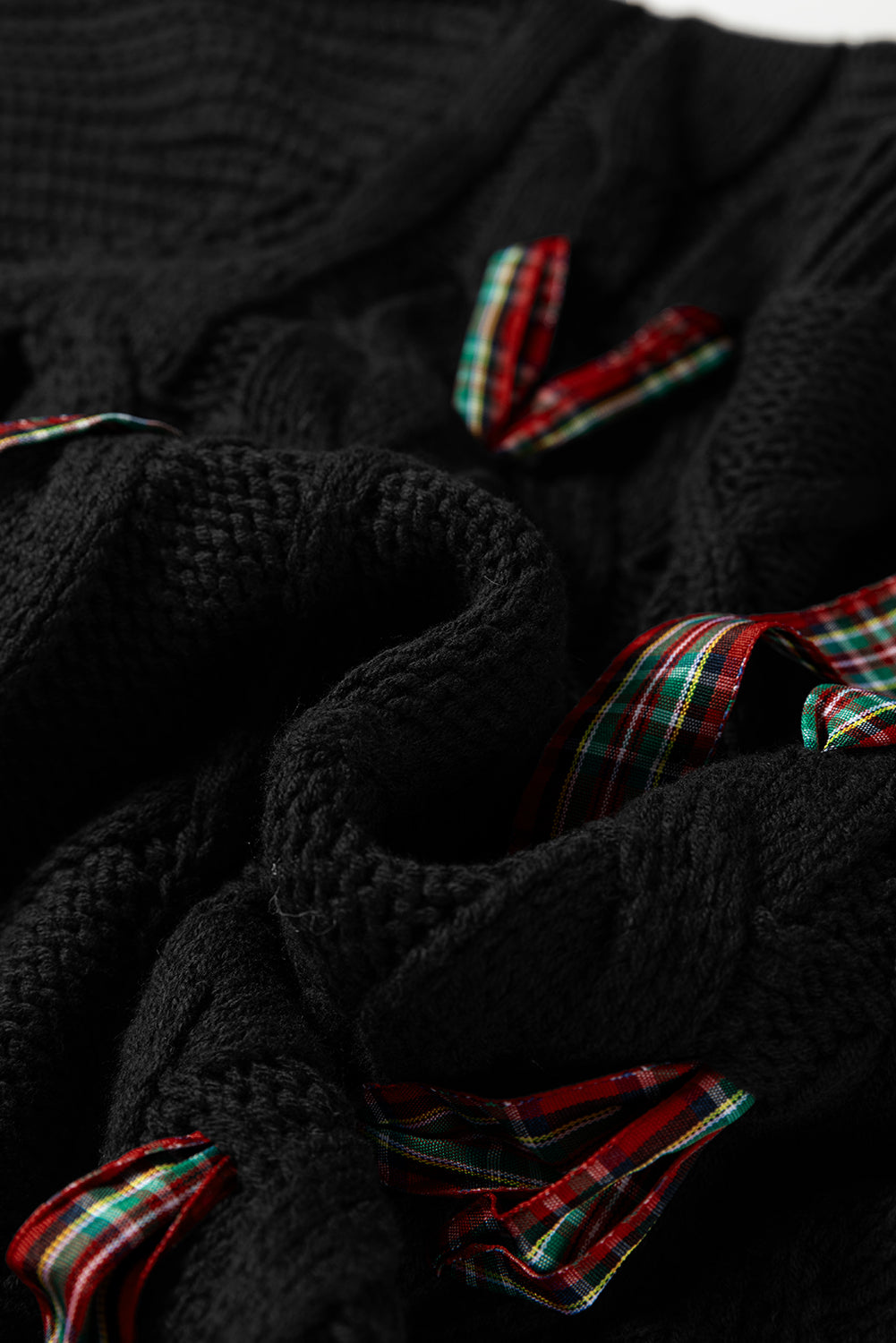 Black Plaid Lace up Detail Christmas Holiday Puff Short Sleeve Sweater