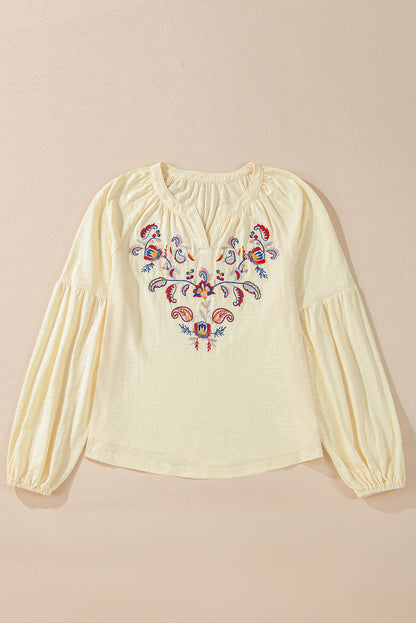 Apricot Paisley Floral Embroidered Notch V Neck Blouse