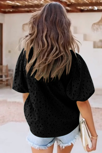 Black Flower Embroidered Hollow-out Puff Sleeve Blouse