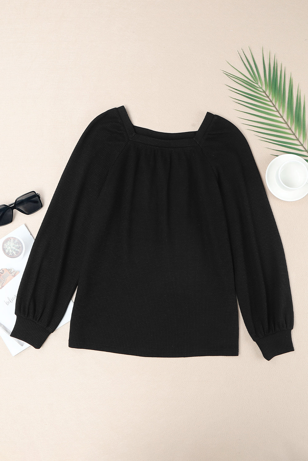 Black Scoop Neck Puff Sleeve Waffle Knit Top