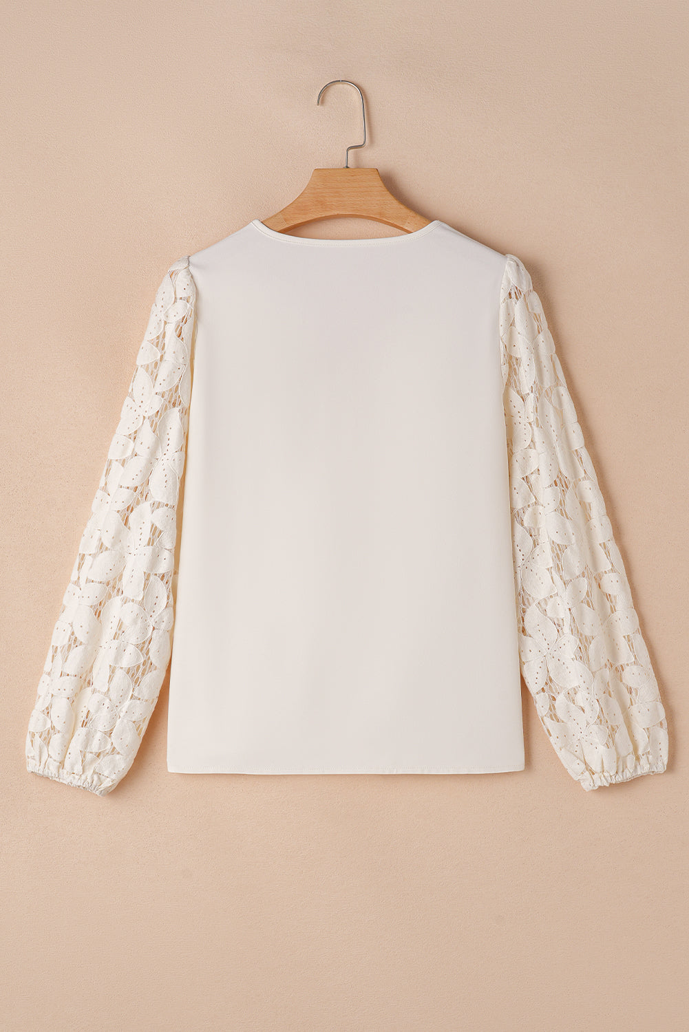 White Scalloped V Neckline Lace Hollowed Lantern Sleeve Blouse