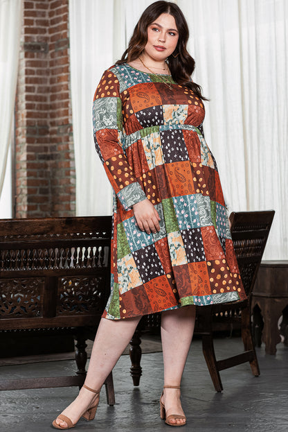 Green Printed Multicolor Western Checkered Plus Size Swing Dress