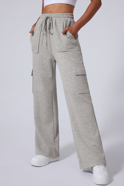 Light Grey Multi Pockets Lace-up High Waist Wide Leg Workout Pants