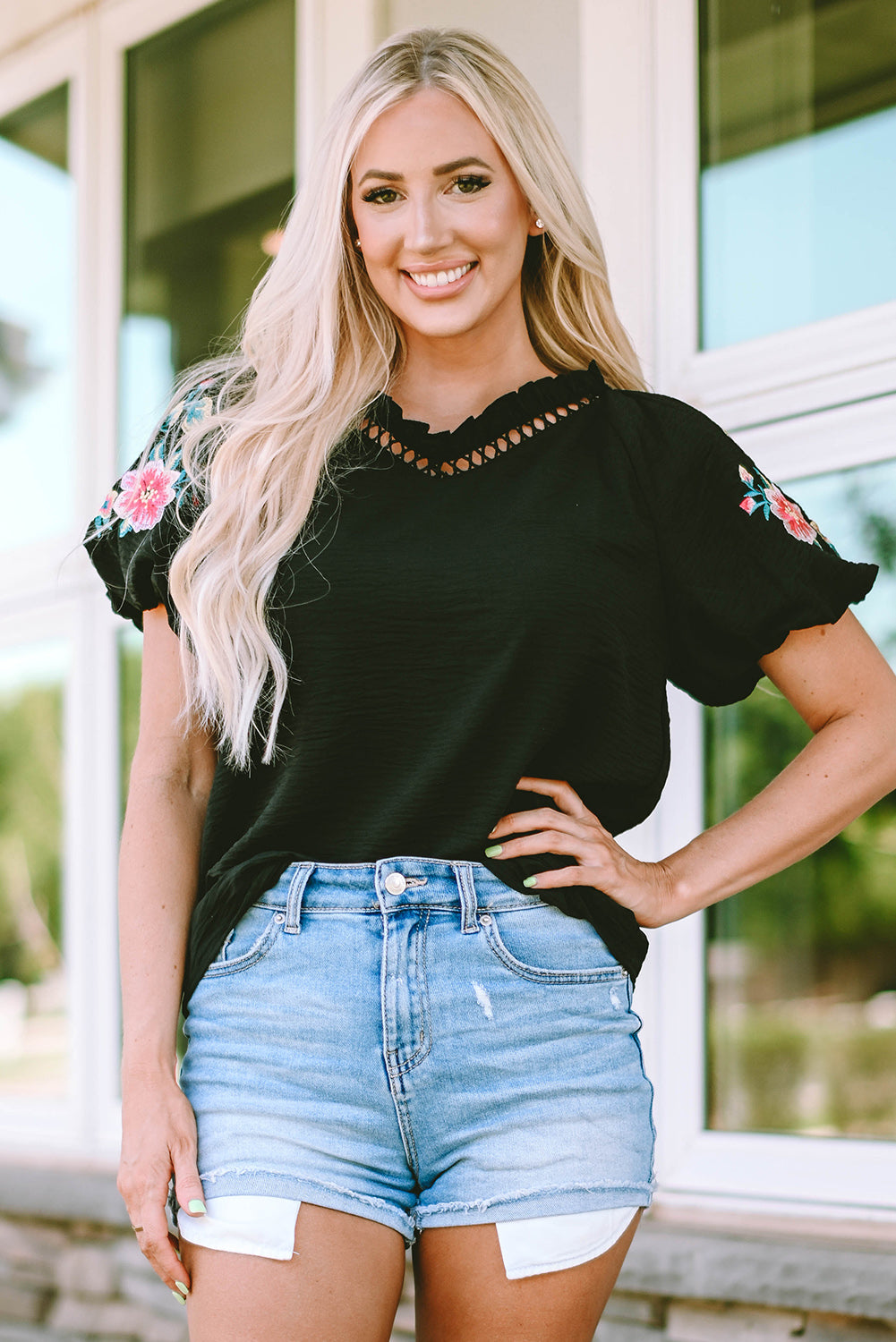 Black Floral Embroidered Bubble Sleeve Frill V Neck Top