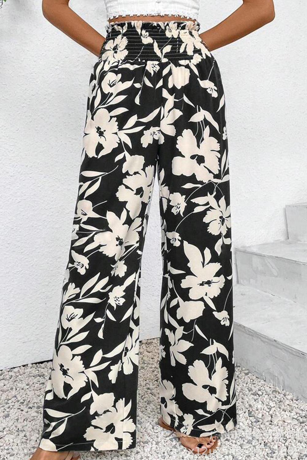 Black Floral Print Smocked High Waist Wide Leg Pants