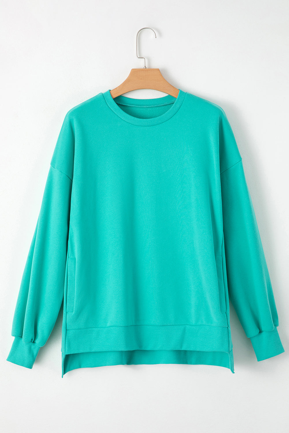 Sea Green Solid Fleece Lined Drop Shoulder High Low Sweatshirt