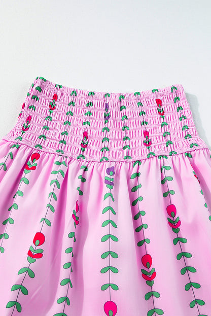 Pink Printed Smocked Tiered Maxi Skirt