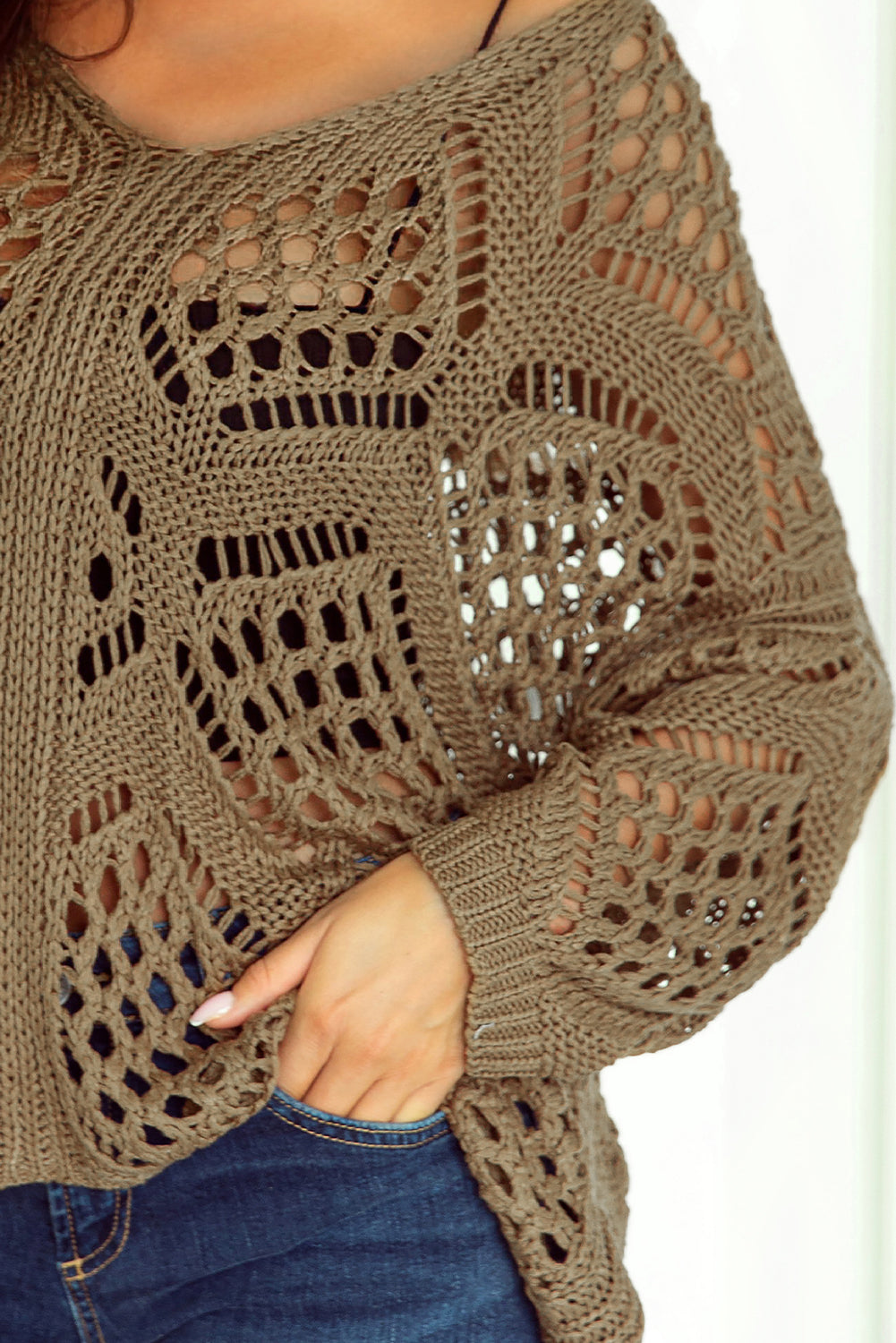 Khaki Hollowed Knit V Neck Dolman Sleeve Sweater