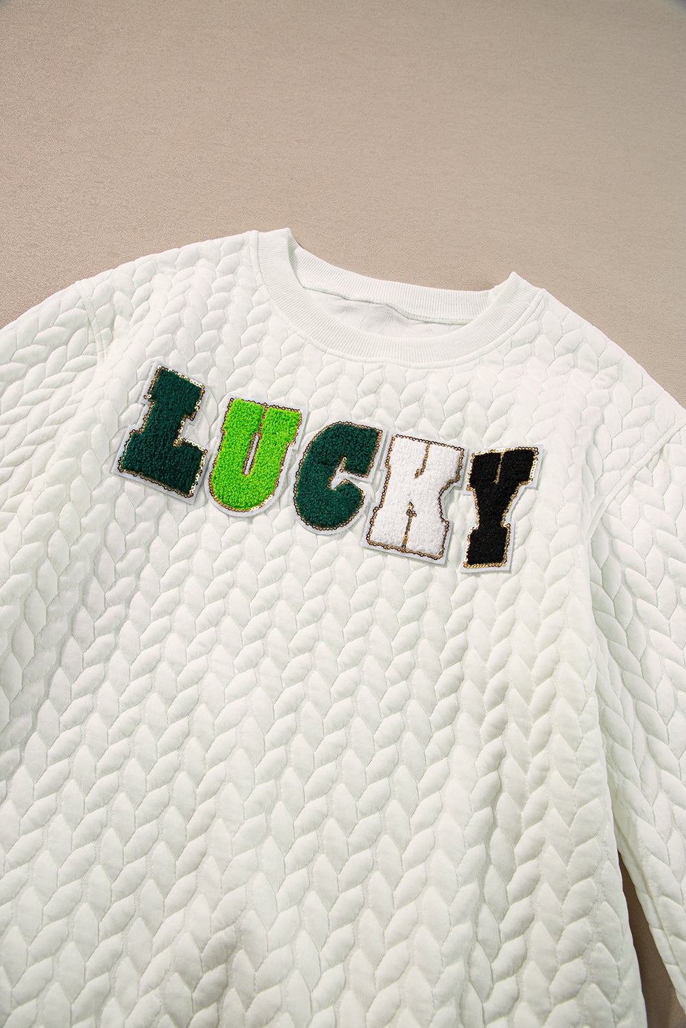 White LUCKY Chenille Embroidered Cable Knit Pullover Sweatshirt