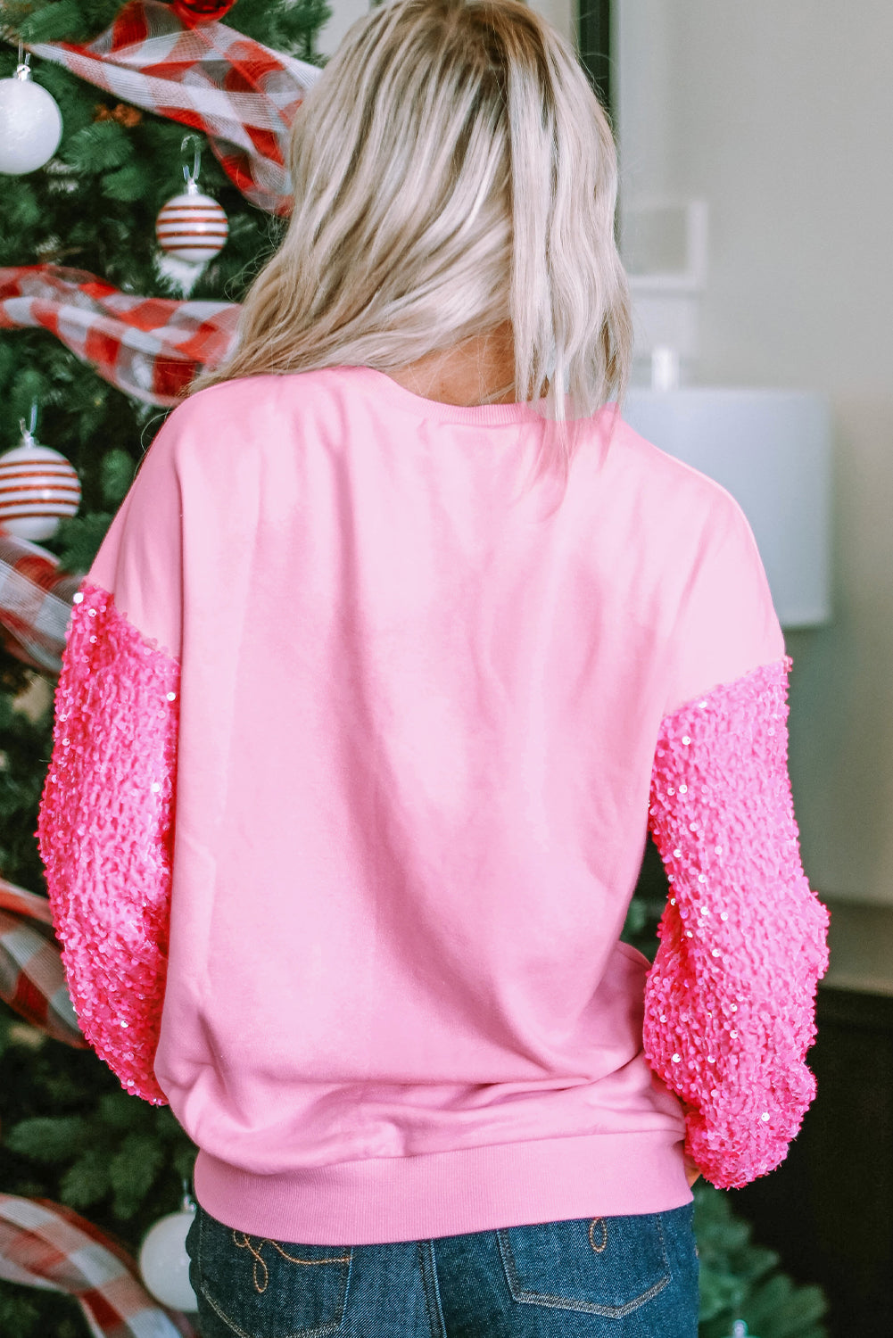 Pink Shiny Heart Shape love Print Sequined Sleeve Sweatshirt