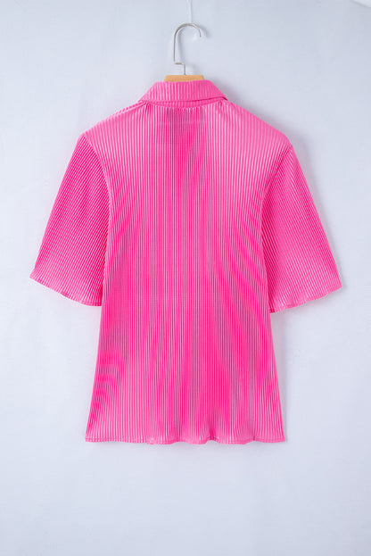 Bright Pink Satin Pleated Short Sleeve Shirt