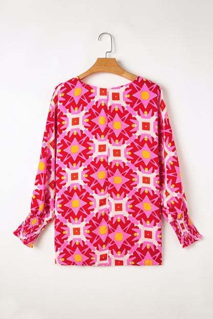 Strawberry Pink Geometric Print Shirred Cuff 3/4 Sleeve Loose Blouse