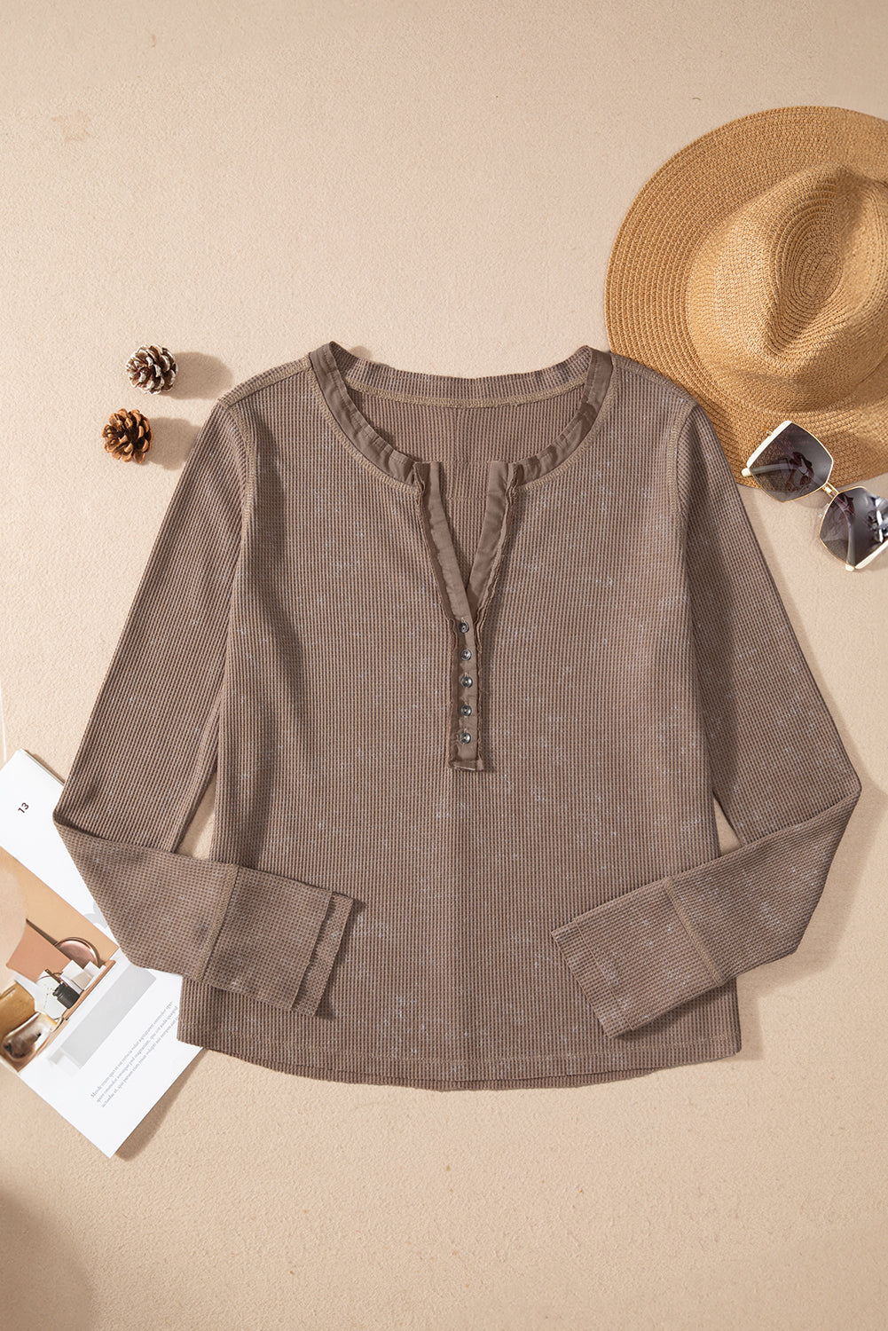 Coffee Acid Wash Waffle Knit Buttoned Neckline Long Sleeve Top