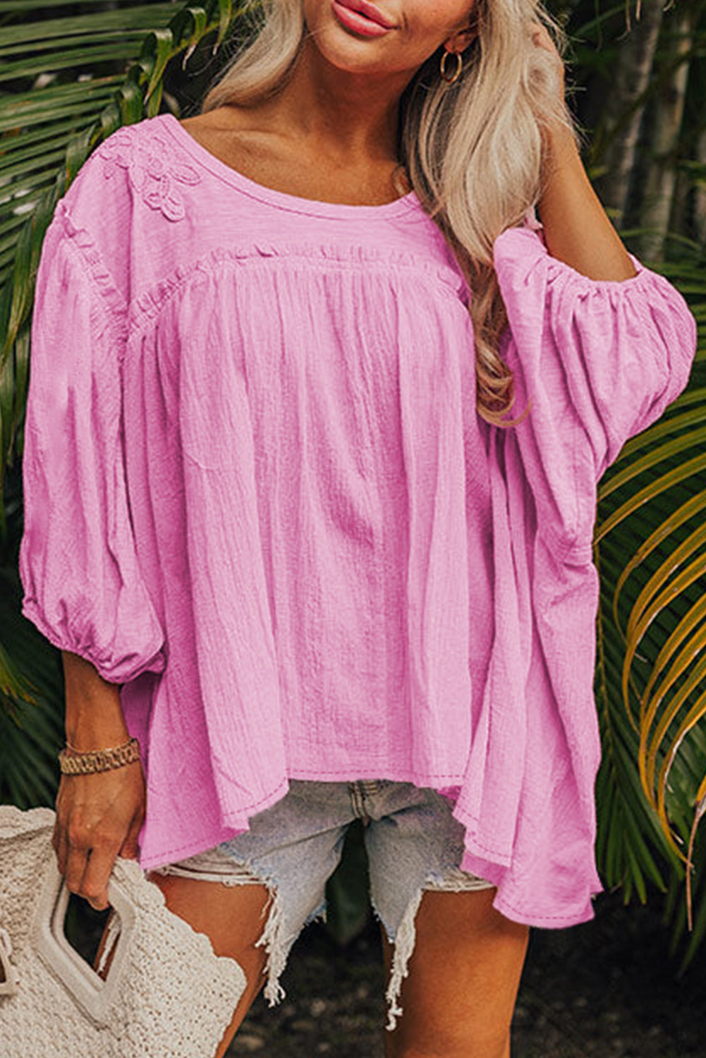 Pink Lace Accent Bracelet Sleeve Babydoll Blouse