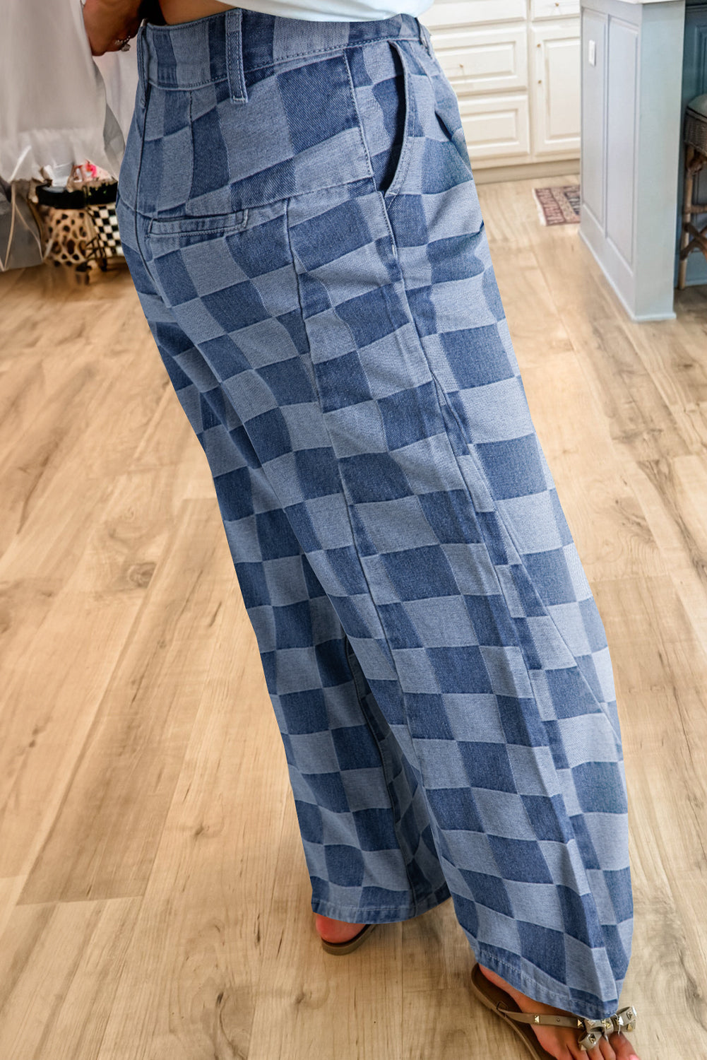 Dusk Blue Checkered Denim Wide Leg Jeans