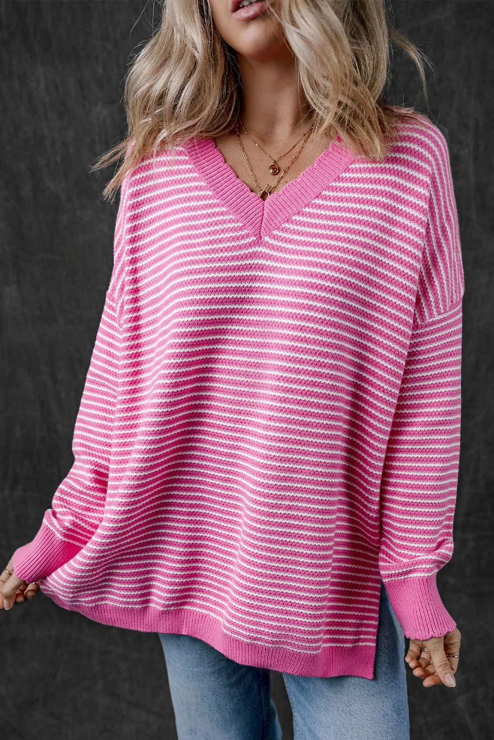 Pink Striped Scallop V Neck Loose Sweater with Slits