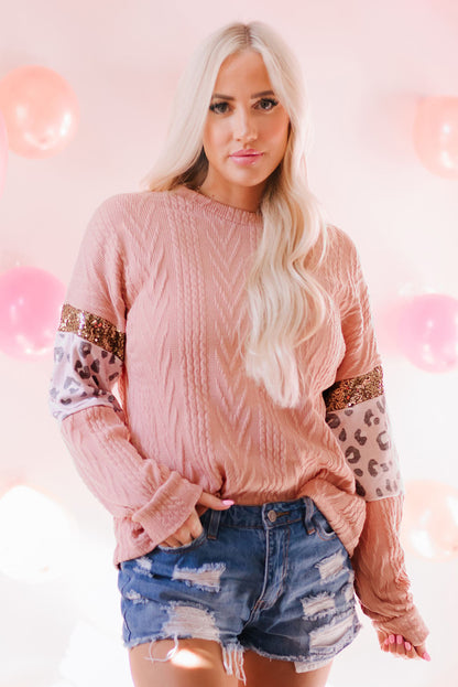 Pink Leopard Sequin Splicing Sleeves Textured Knit Top