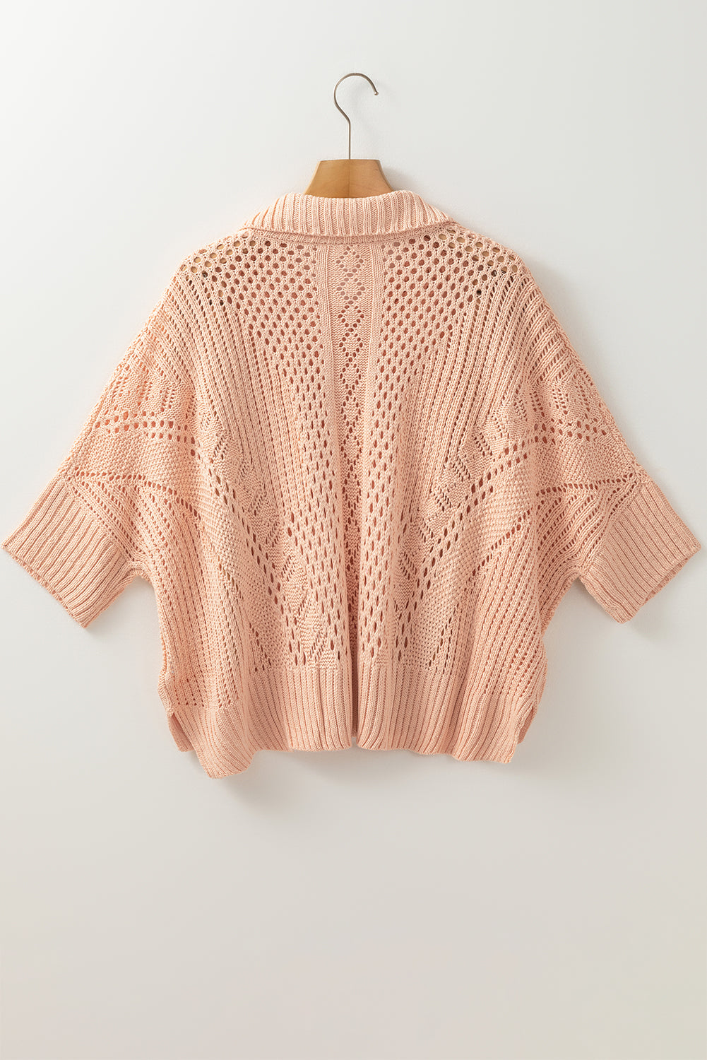 Apricot Pink Hollowed Knit 3/4 Dolman Sleeve Buttoned Collared Sweater