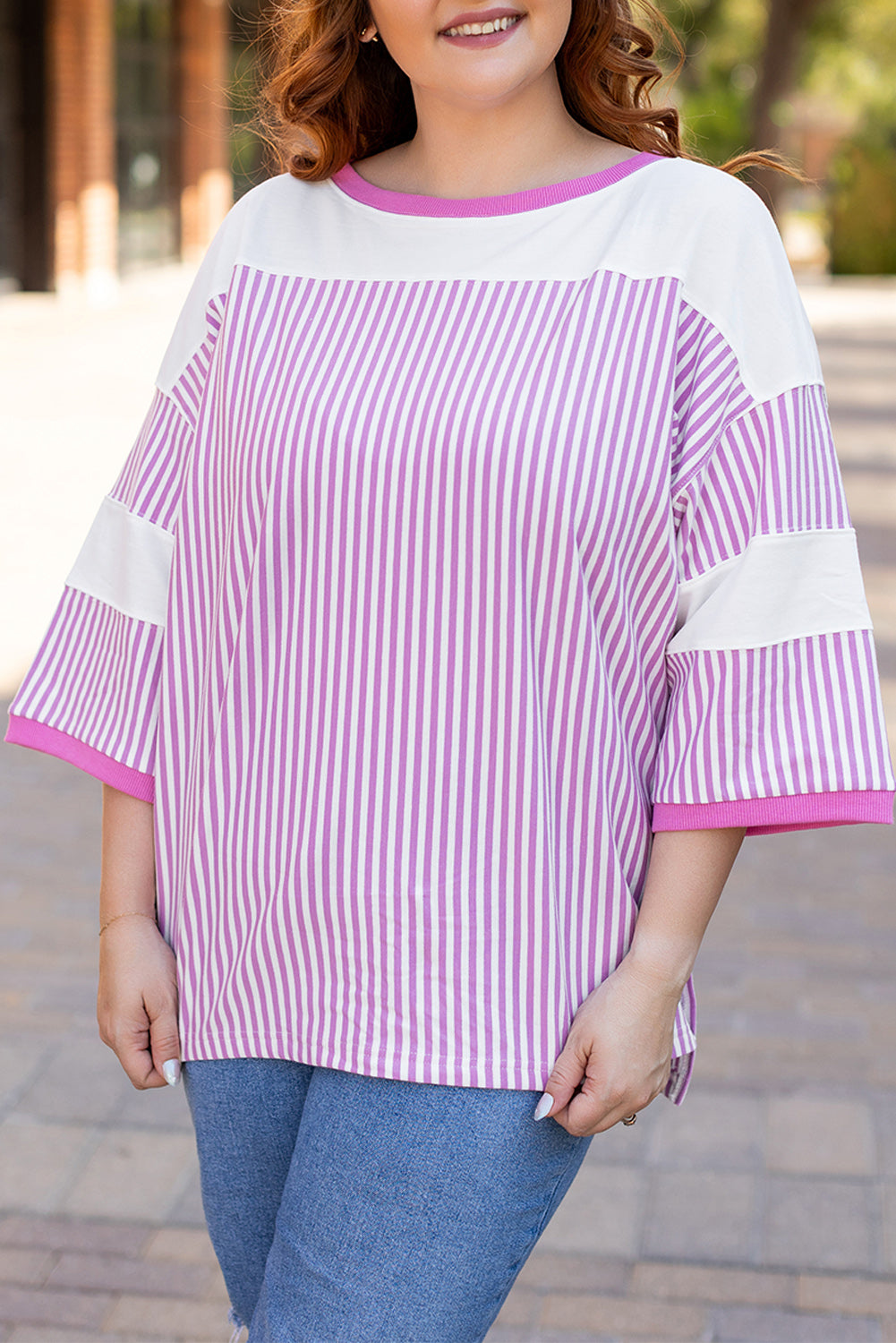 Pink Stripe Patchwork Bracelet Sleeve Plus Size T Shirt