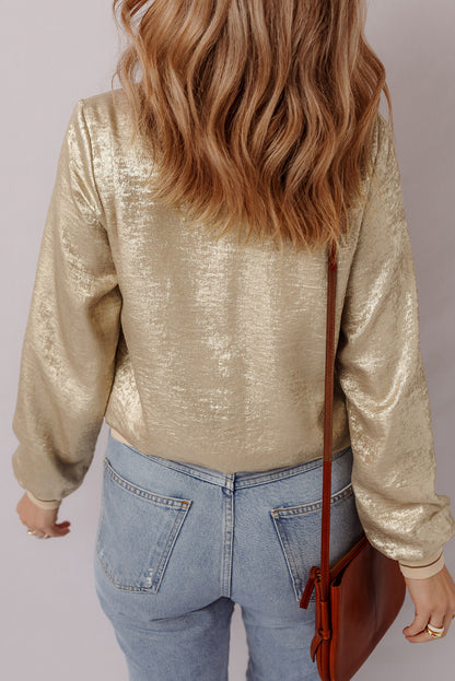 Pale Khaki Metallic Zip up Baseball Jacket